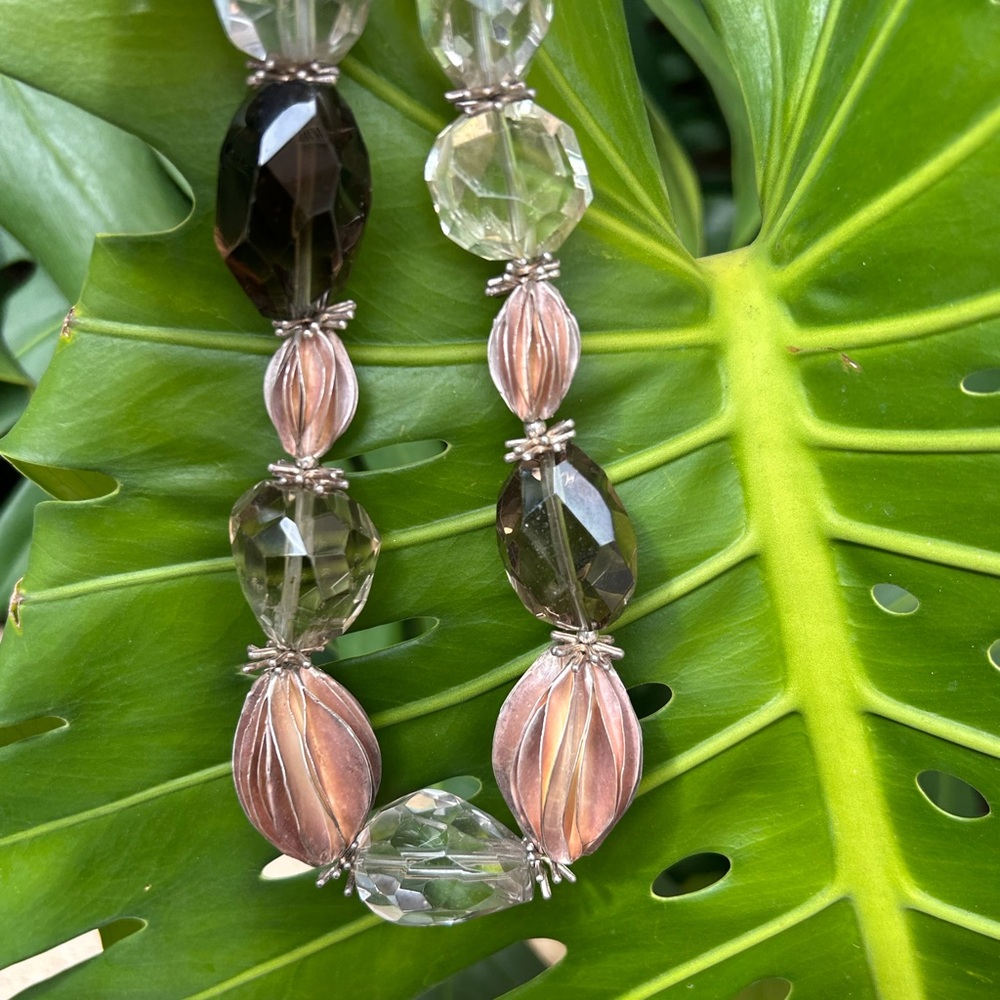 Artisan made faceted crystal & smoky quartz mix metal statement necklace